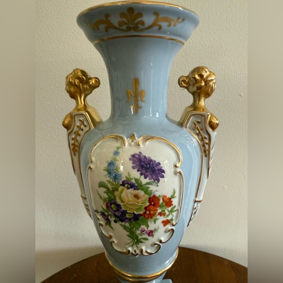 Vintage ST REGIS Blue Porecelain Vase 13.5" Hand Painted Flower Gold Busts - Picture 2 of 8